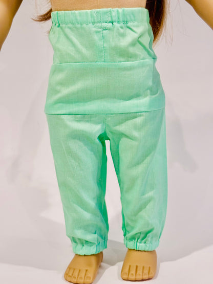 2-piece outfit made by Kathleen Saviak: mint green flowy and flowery top and slacks
