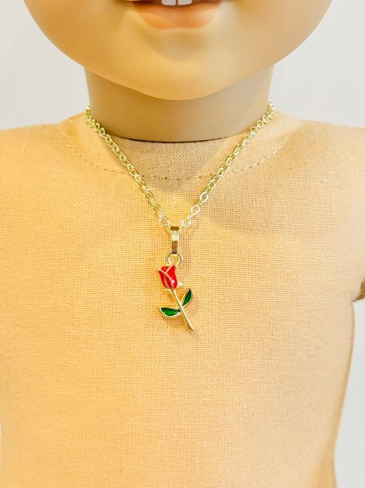 Doll Charm Necklace - Red Flower in Gold