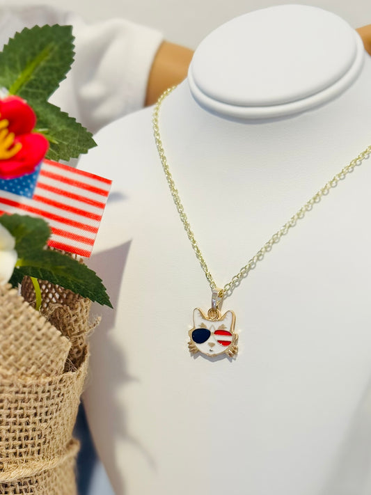 LIMITED EDITION Charm Necklace Set - Fourth of July Series 2 for Girls & Dolls: Cool Cat