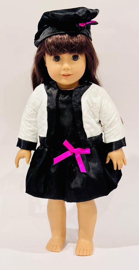 3-piece outfit made by Kathleen Saviak: black satin dress with jacket and hat