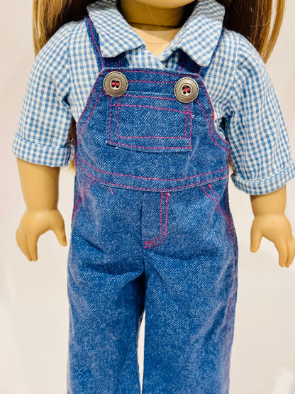 2-piece outfit made by Kathleen Saviak: blue jean overalls with gingham undershirt