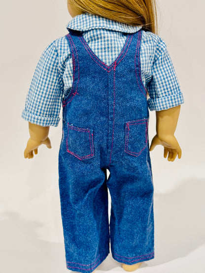2-piece outfit made by Kathleen Saviak: blue jean overalls with gingham undershirt