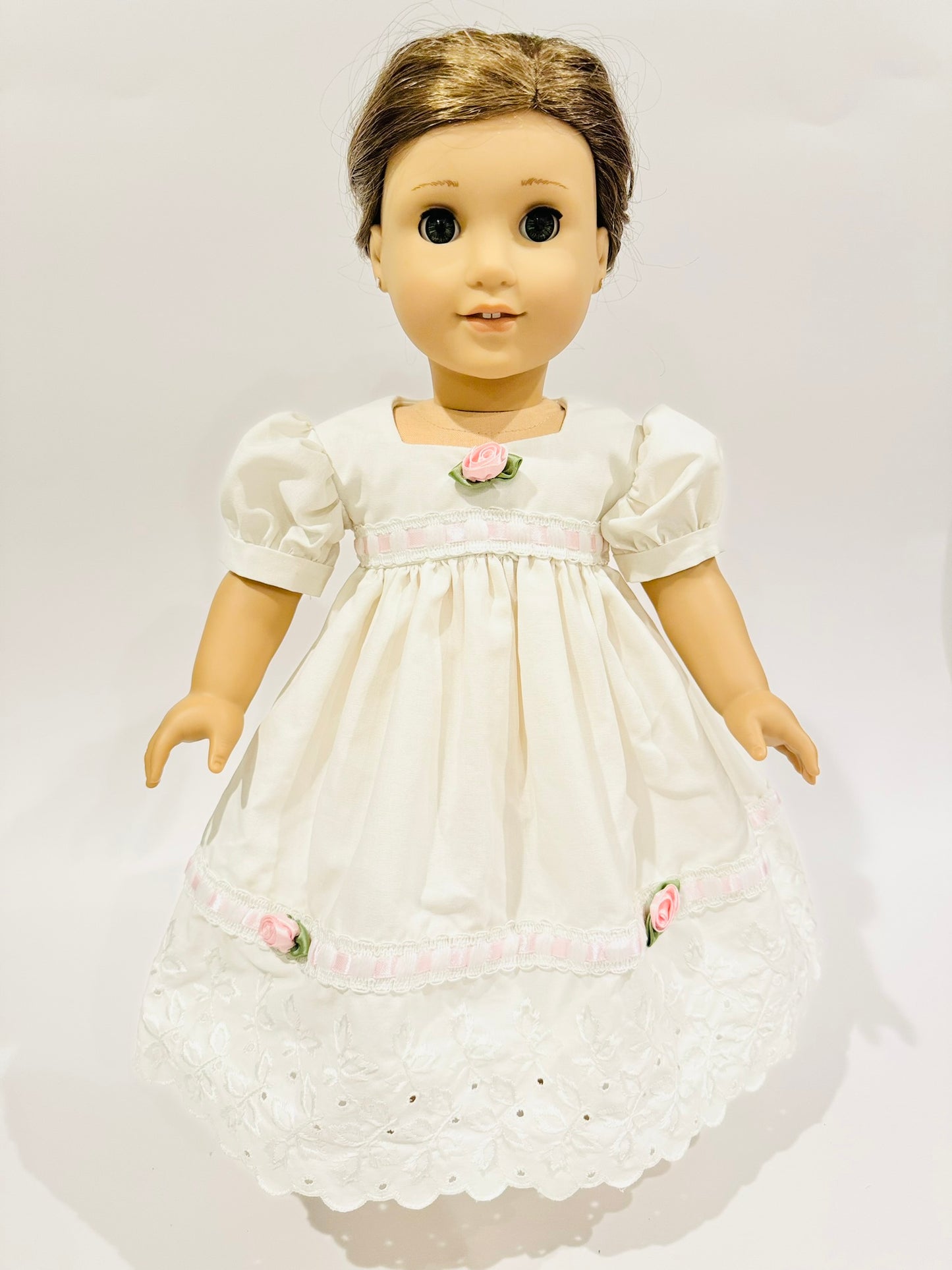 Dress made by Kathleen Saviak: delicate off-white with roses