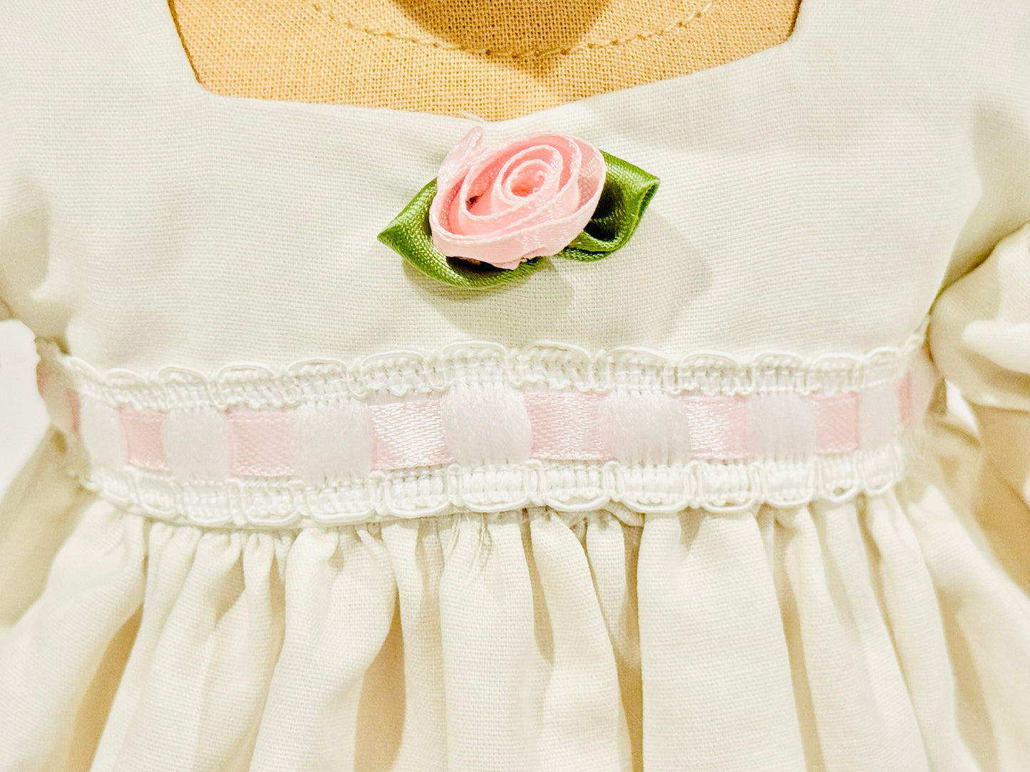 Dress made by Kathleen Saviak: delicate off-white with roses