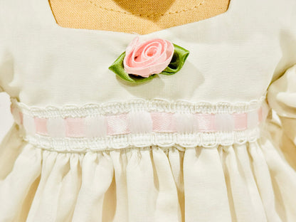 Dress made by Kathleen Saviak: delicate off-white with roses