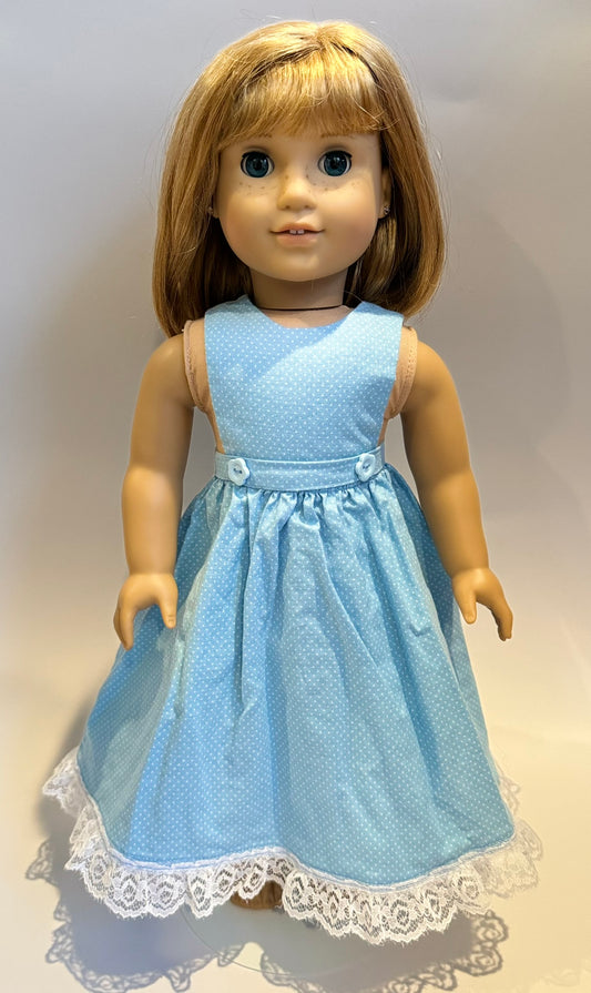 Dress made by Kathleen Saviak: blue polkadot sleeveless with embellished waistband