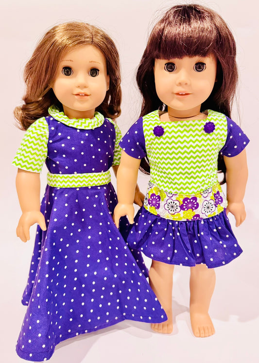 Purple polkadot and green zig zag set made by Kathleen Saviak