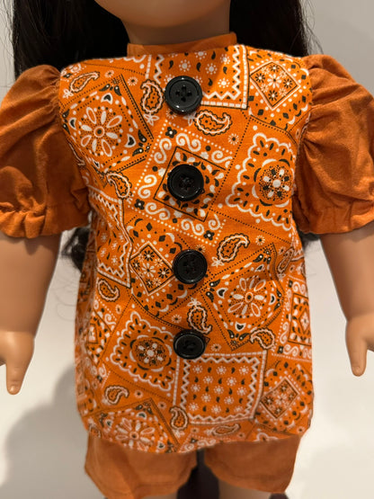 2-piece outfit made by Kathleen Saviak: orange paisley squares dress with coordinating slacks