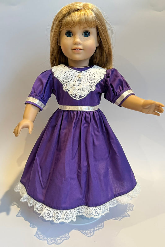 Dress made by Kathleen Saviak: purple with white lace and ribbon accents