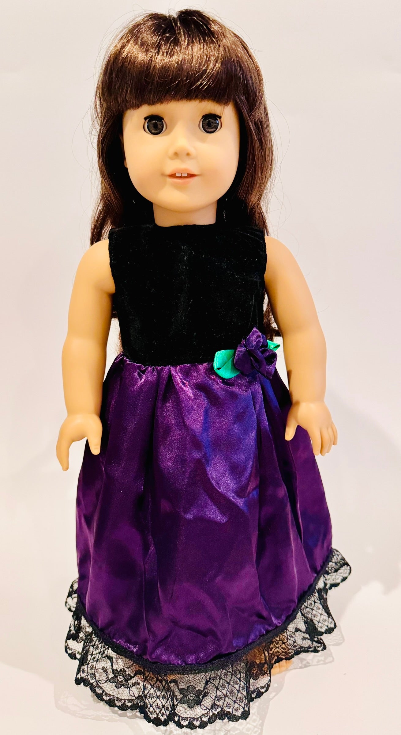 Dress made by Kathleen Saviak: black velvet and purple satin
