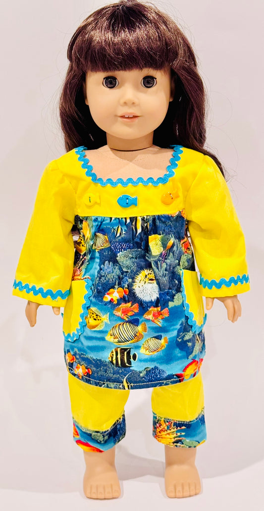 2-piece outfit made by Kathleen Saviak: yellow and blue ocean top and slacks
