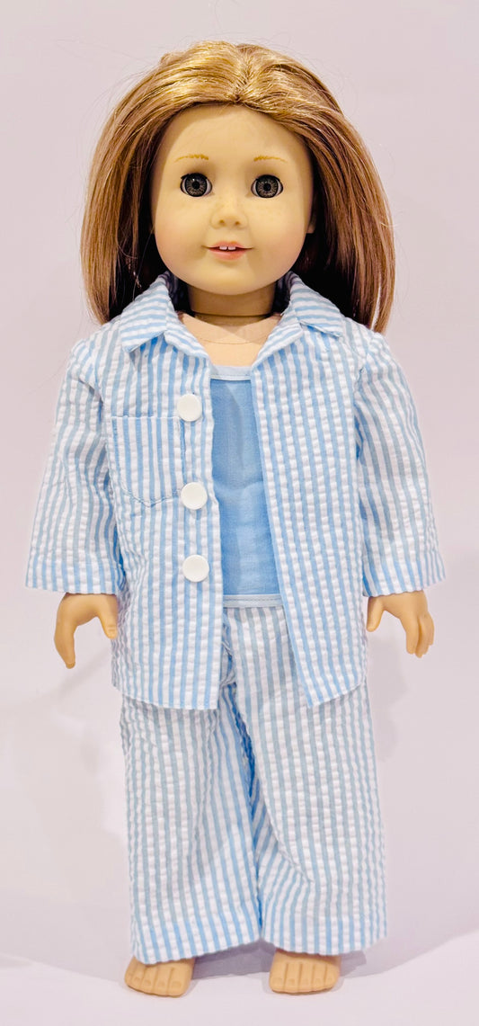 4-piece outfit made by Kathleen Saviak: blue and white seersucker