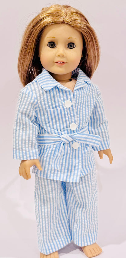 4-piece outfit made by Kathleen Saviak: blue and white seersucker
